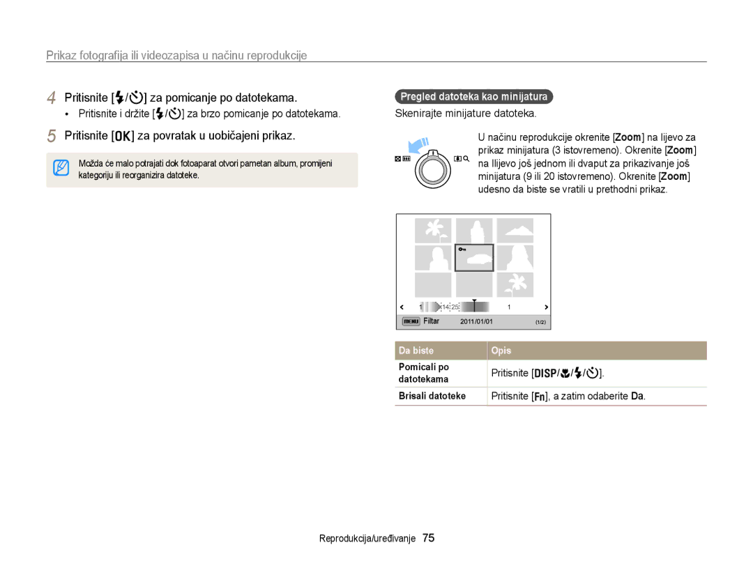 Samsung EC-WB700ZBPSE3 Pritisnite o za povratak u uobičajeni prikaz, Pregled datoteka kao minijatura, Pritisnite D/c/F/t 