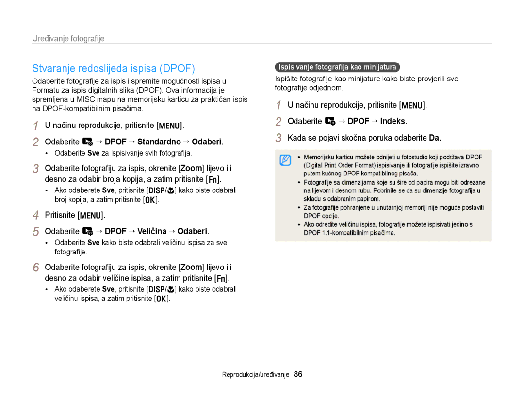 Samsung EC-WB700ZBPBE3, EC-WB700ZBPSE3 manual Stvaranje redoslijeda ispisa Dpof, Odaberite L “ Dpof “ Standardno “ Odaberi 