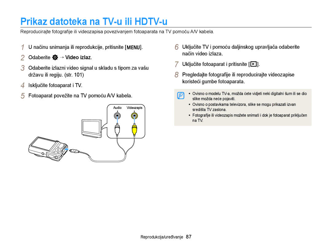 Samsung EC-WB700ZBPSE3 manual Prikaz datoteka na TV-u ili HDTV-u, Način video izlaza, Uključite fotoaparat i pritisnite P 