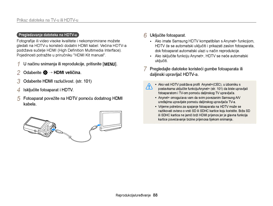 Samsung EC-WB700ZBPBE3 manual Prikaz datoteka na TV-u ili HDTV-u, Pregledavanje datoteka na HDTV-u Uključite fotoaparat 