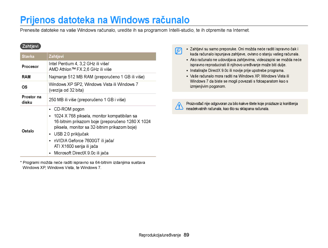 Samsung EC-WB700ZBPSE3, EC-WB700ZBPBE3 manual Prijenos datoteka na Windows računalo, Zahtjevi 