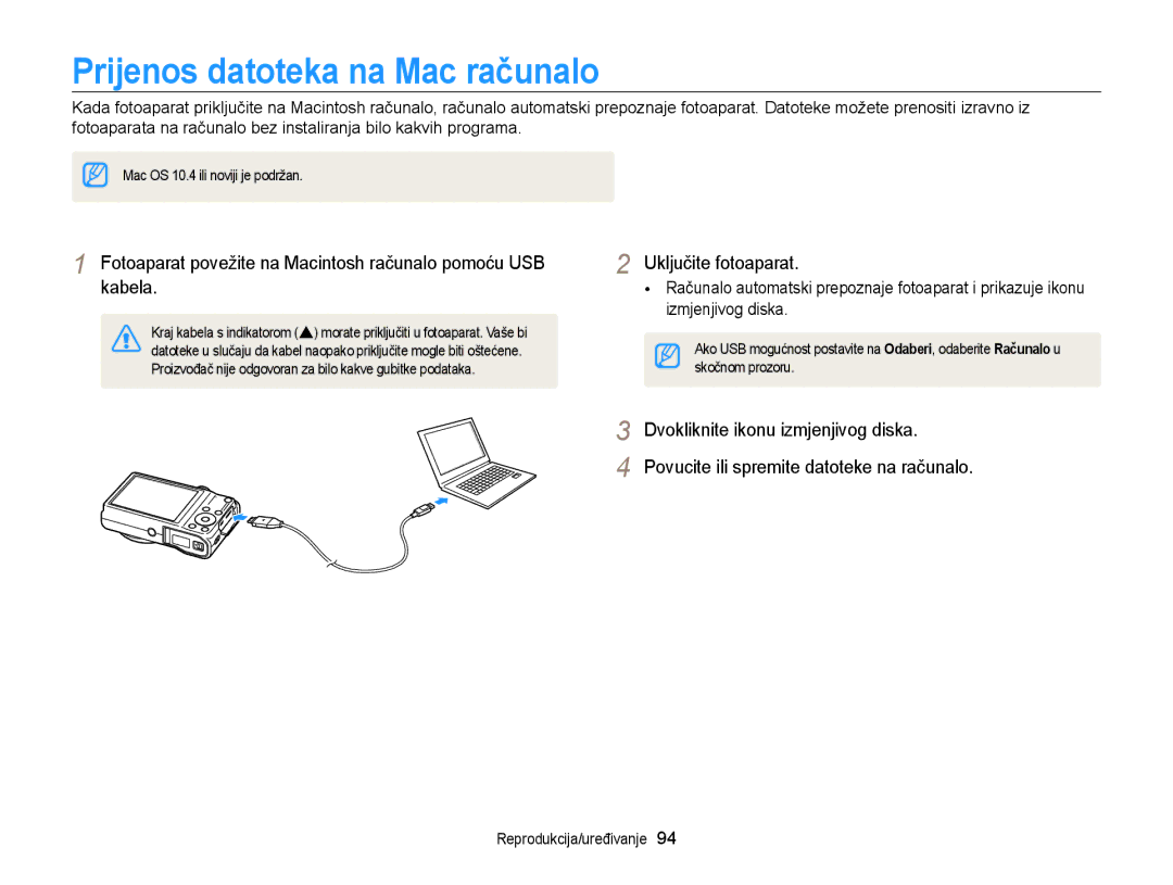 Samsung EC-WB700ZBPBE3 Prijenos datoteka na Mac računalo, Fotoaparat povežite na Macintosh računalo pomoću USB kabela 