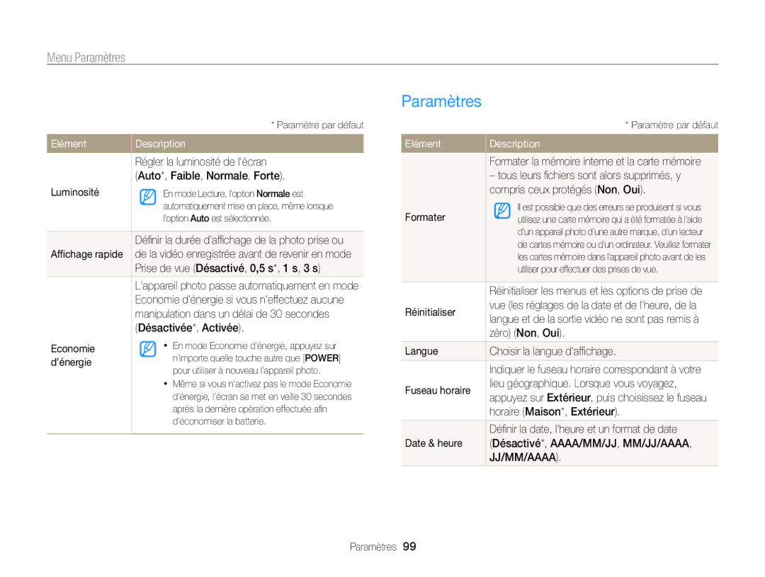 Samsung EC-WB700ZDPBZA, EC-WB700ZBPBE1 manual Paramètres 