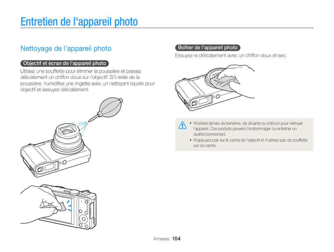 Samsung EC-WB700ZBPBE1 Entretien de lappareil photo, Nettoyage de lappareil photo, Objectif et écran de lappareil photo 