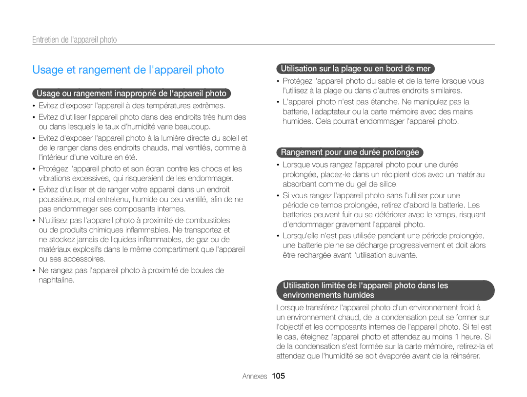 Samsung EC-WB700ZDPBZA, EC-WB700ZBPBE1 manual Usage et rangement de lappareil photo, Entretien de lappareil photo 