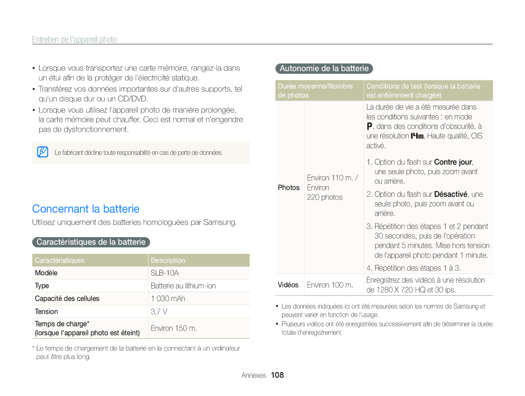 Samsung EC-WB700ZBPBE1, EC-WB700ZDPBZA Concernant la batterie, Caractéristiques de la batterie, Autonomie de la batterie 