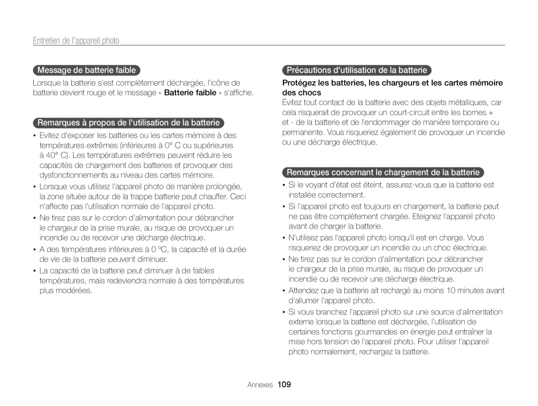 Samsung EC-WB700ZDPBZA, EC-WB700ZBPBE1 manual Message de batterie faible, Remarques à propos de lutilisation de la batterie 