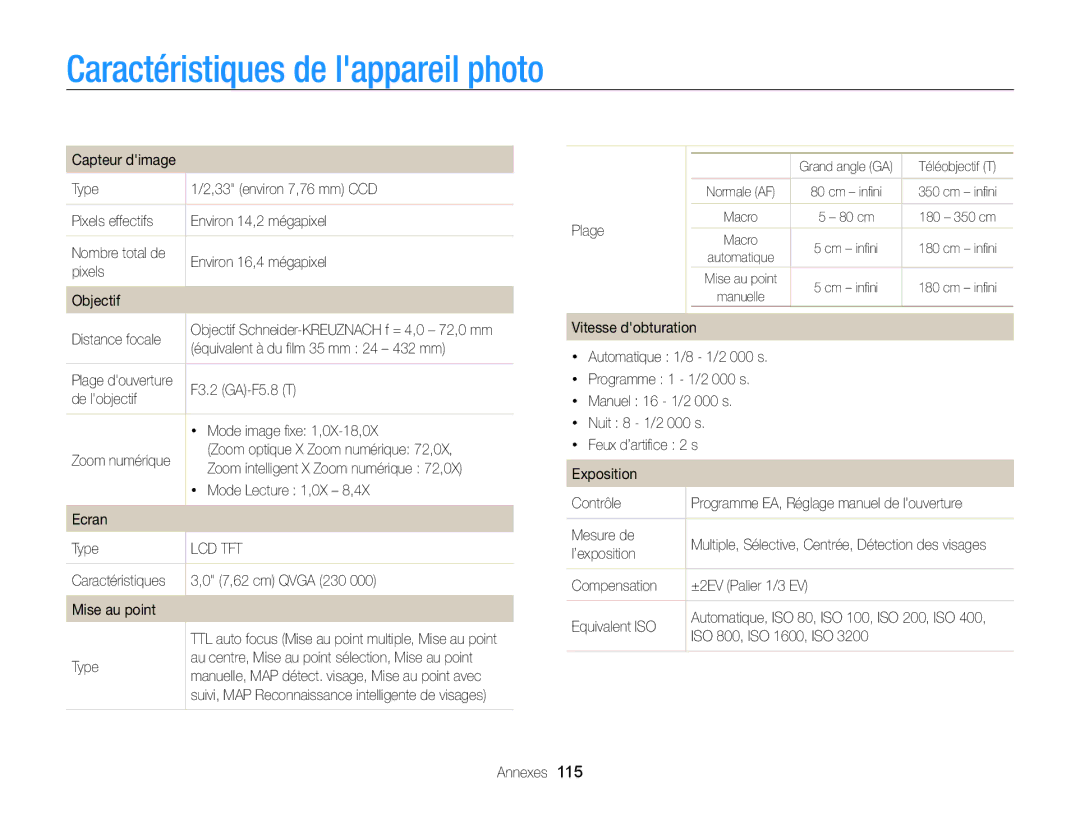 Samsung EC-WB700ZDPBZA, EC-WB700ZBPBE1 manual Caractéristiques de lappareil photo 