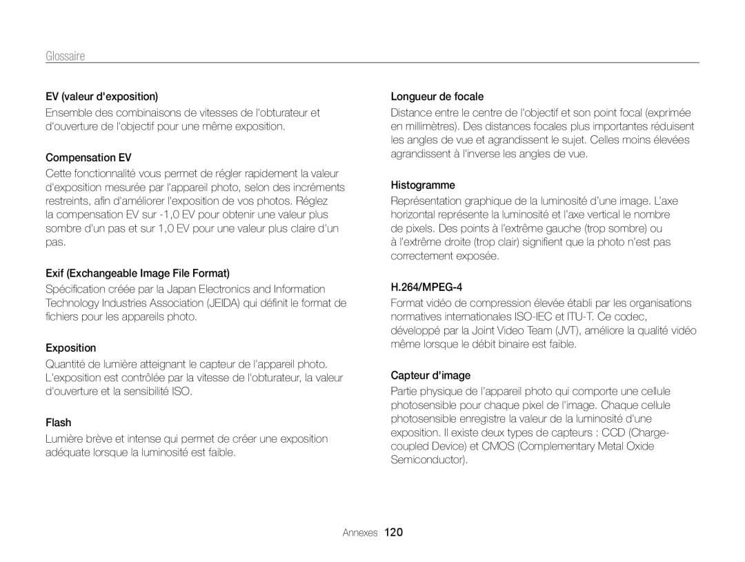 Samsung EC-WB700ZBPBE1, EC-WB700ZDPBZA manual Glossaire, EV valeur dexposition, Compensation EV, Histogramme 