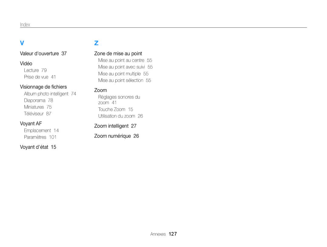 Samsung EC-WB700ZDPBZA, EC-WB700ZBPBE1 manual Lecture Prise de vue, Emplacement Paramètres, Réglages sonores du zoom 