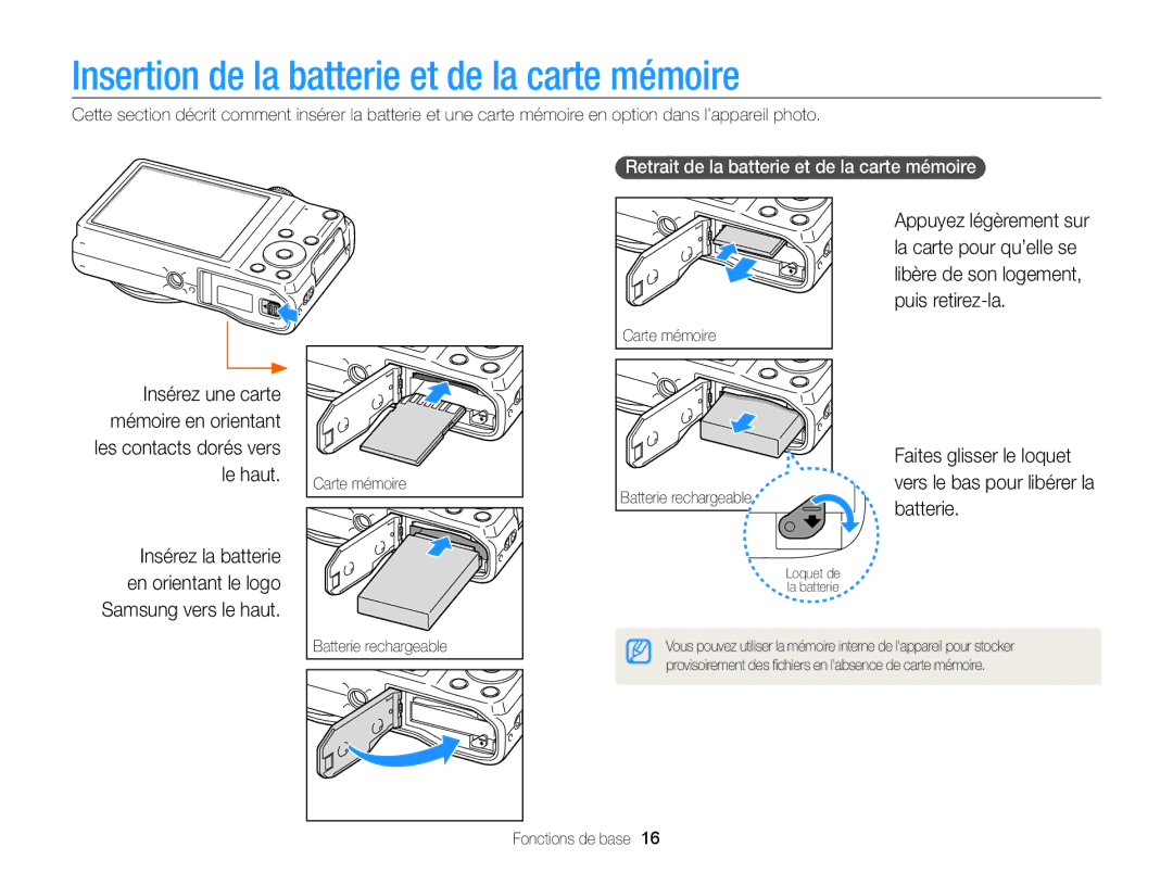 Samsung EC-WB700ZBPBE1 Insertion de la batterie et de la carte mémoire, Retrait de la batterie et de la carte mémoire 