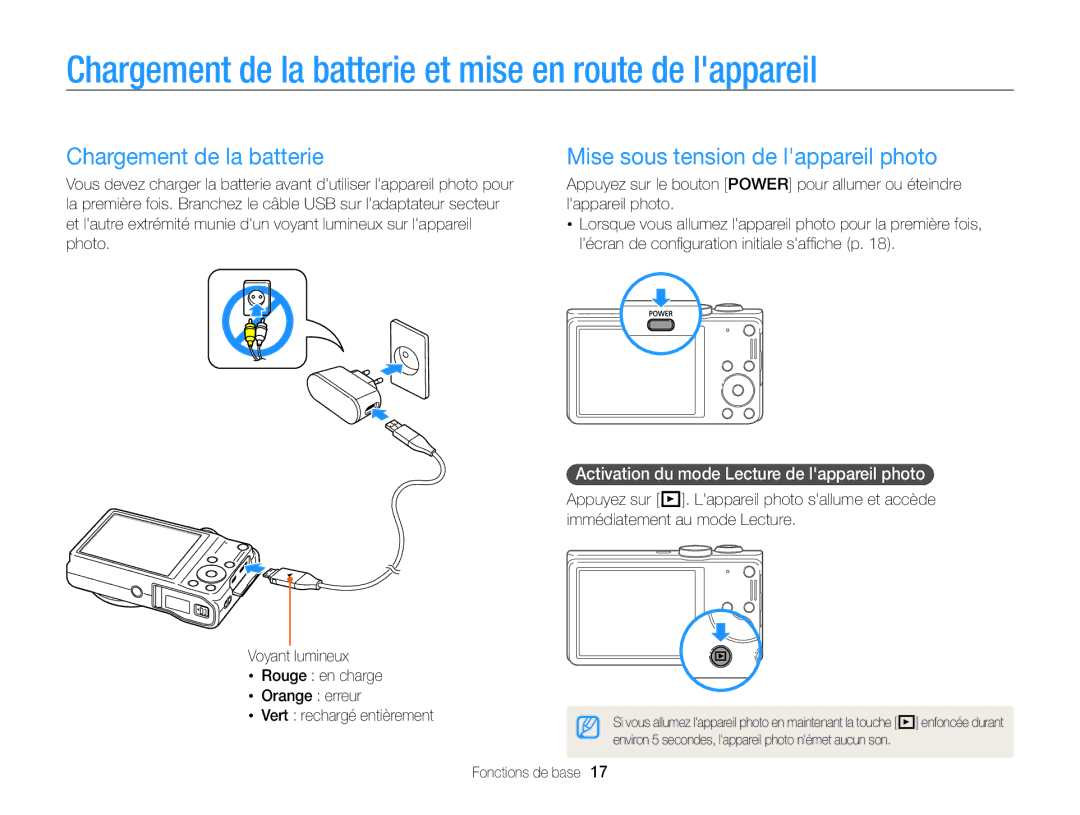 Samsung EC-WB700ZDPBZA manual Chargement de la batterie et mise en route de lappareil, Mise sous tension de lappareil photo 