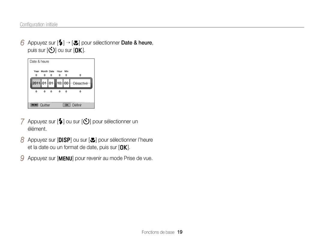 Samsung EC-WB700ZDPBZA, EC-WB700ZBPBE1 manual Conﬁguration initiale, Appuyez sur F ou sur t pour sélectionner un élément 