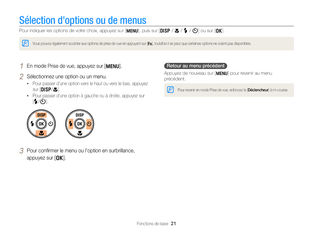 Samsung EC-WB700ZDPBZA manual Sélection doptions ou de menus, Sélectionnez une option ou un menu, Retour au menu précédent 