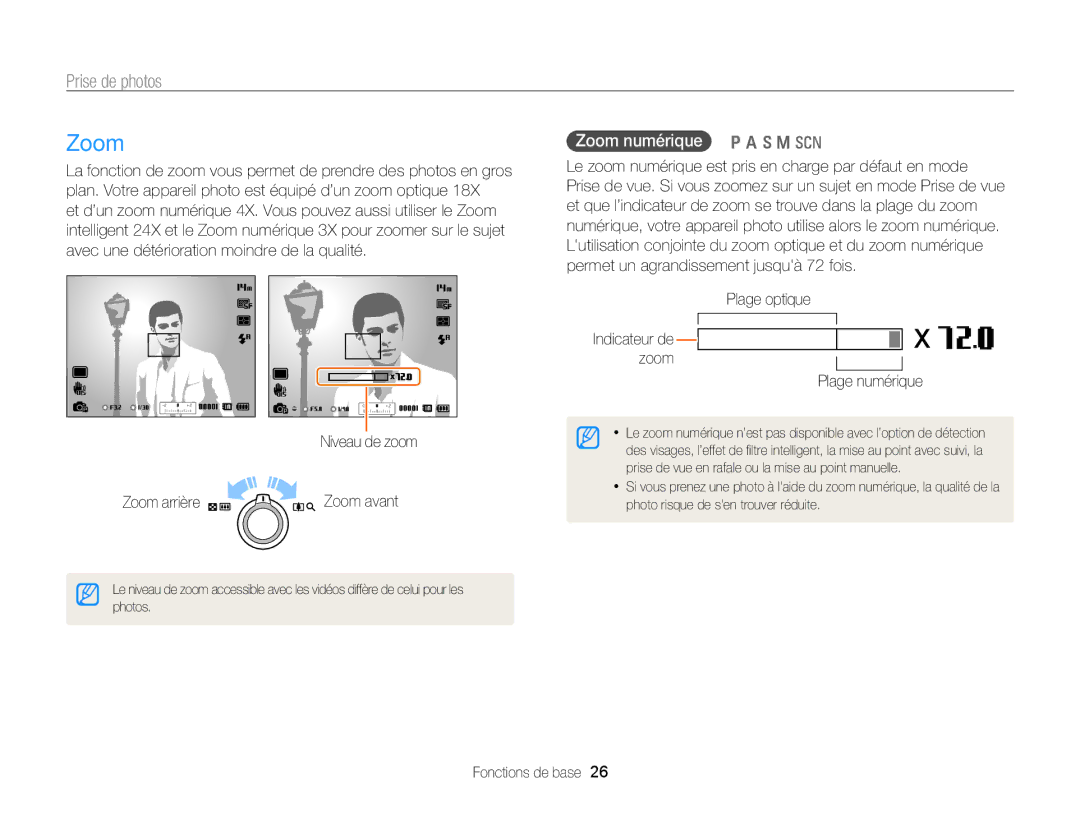 Samsung EC-WB700ZBPBE1, EC-WB700ZDPBZA manual Prise de photos, Zoom numérique p a h M s, Plage numérique 