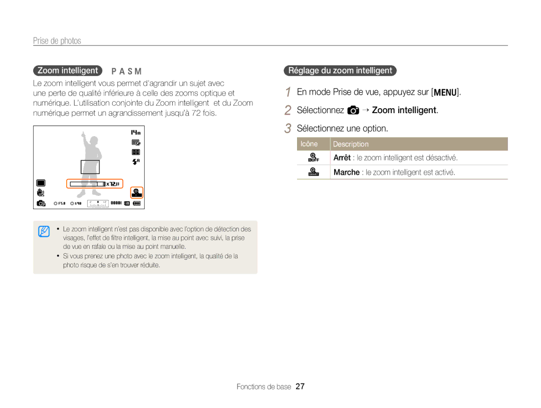 Samsung EC-WB700ZDPBZA, EC-WB700ZBPBE1 manual Zoom intelligent p a h M, Réglage du zoom intelligent 