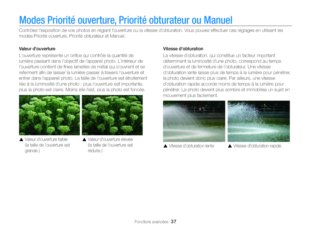 Samsung EC-WB700ZDPBZA, EC-WB700ZBPBE1 manual Modes Priorité ouverture, Priorité obturateur ou Manuel 