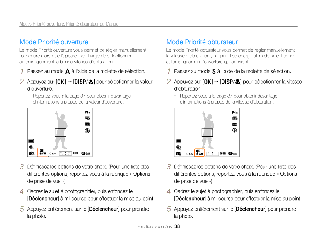 Samsung EC-WB700ZBPBE1, EC-WB700ZDPBZA manual Mode Priorité ouverture, Mode Priorité obturateur 