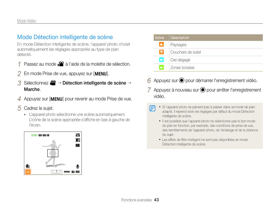 Samsung EC-WB700ZDPBZA, EC-WB700ZBPBE1 manual Mode Détection intelligente de scène, Appuyez à nouveau sur 