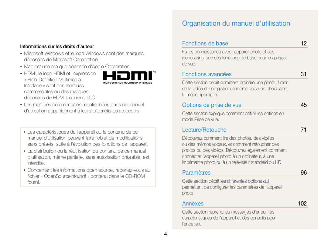 Samsung EC-WB700ZBPBE1, EC-WB700ZDPBZA manual Organisation du manuel dutilisation, 102 