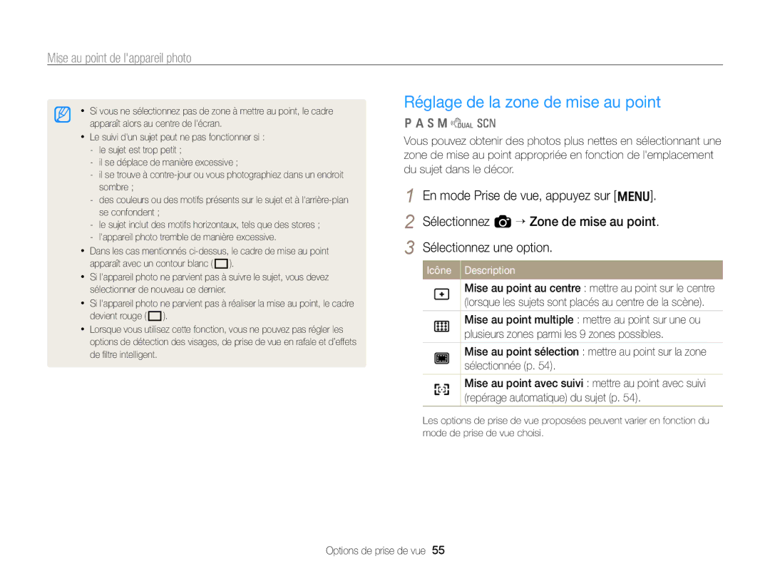 Samsung EC-WB700ZDPBZA, EC-WB700ZBPBE1 manual Réglage de la zone de mise au point 