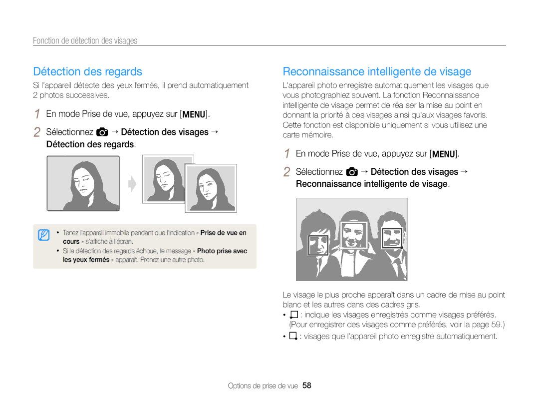 Samsung EC-WB700ZBPBE1 Détection des regards, Reconnaissance intelligente de visage, En mode Prise de vue, appuyez sur m 