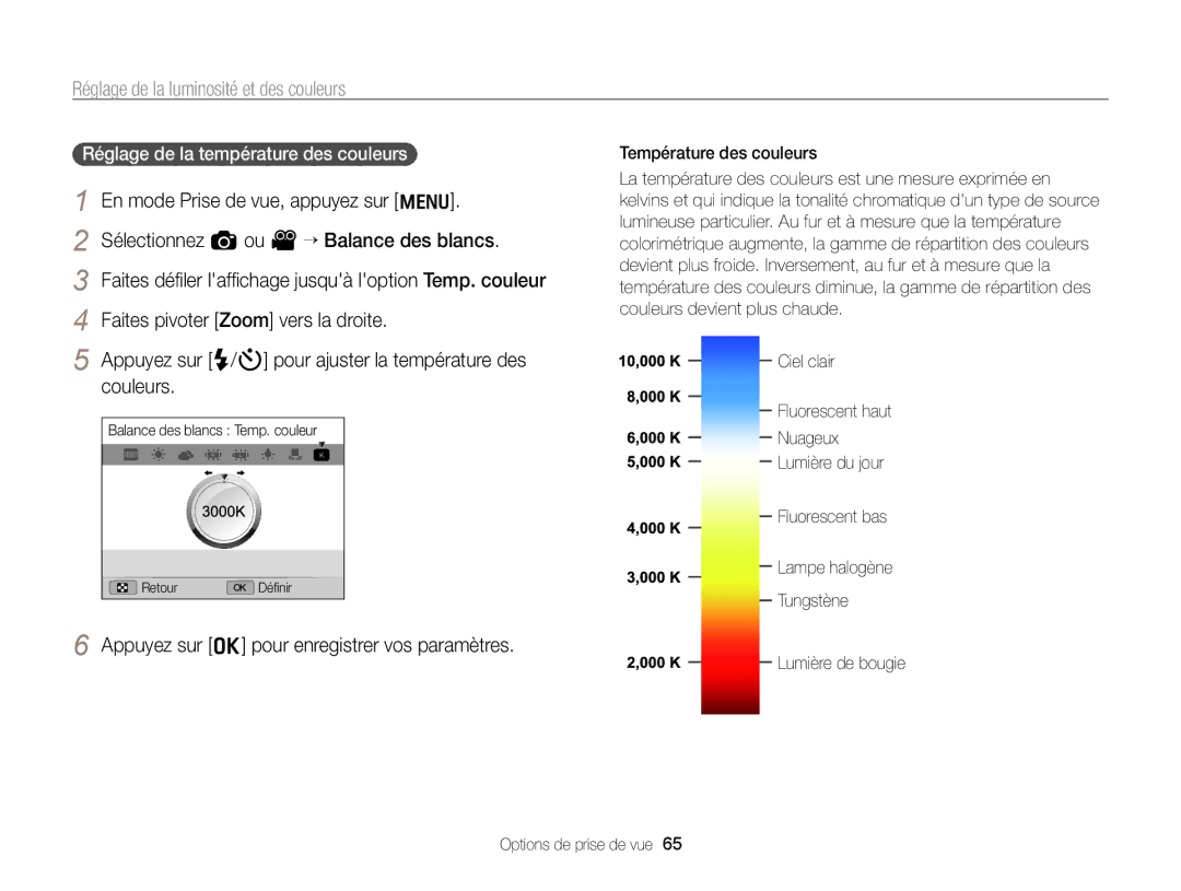 Samsung EC-WB700ZDPBZA, EC-WB700ZBPBE1 manual Réglage de la température des couleurs 