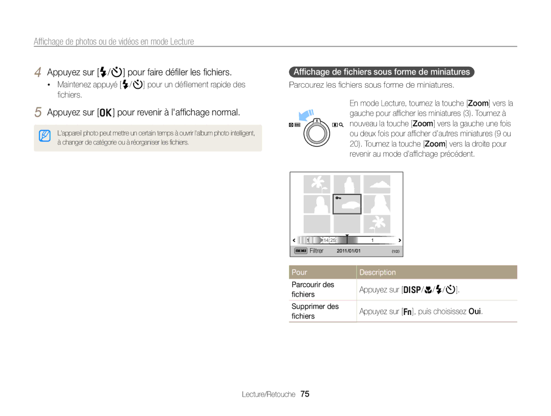 Samsung EC-WB700ZDPBZA manual Appuyez sur o pour revenir à lafﬁchage normal, Afﬁchage de ﬁchiers sous forme de miniatures 