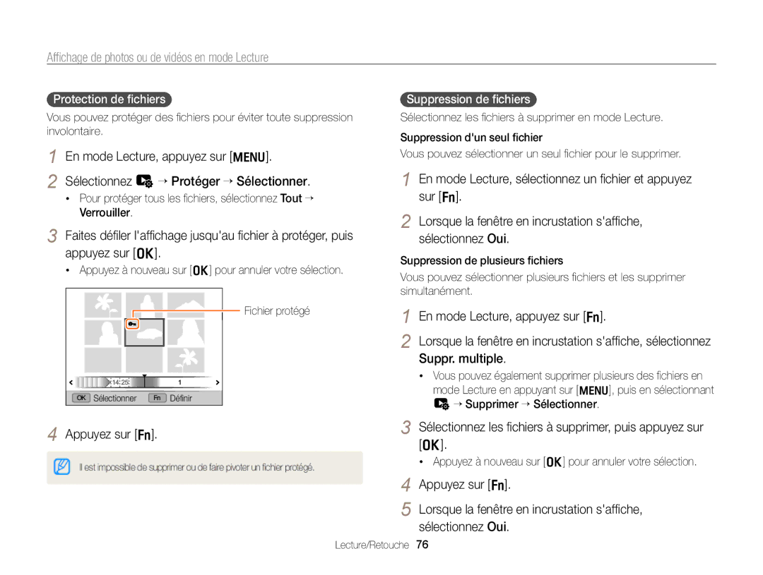 Samsung EC-WB700ZBPBE1 Appuyez sur f, Sélectionnez les ﬁchiers à supprimer, puis appuyez sur o, Protection de ﬁchiers 