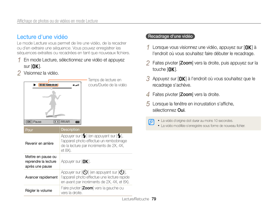 Samsung EC-WB700ZDPBZA, EC-WB700ZBPBE1 manual Lecture dune vidéo, Recadrage dune vidéo 