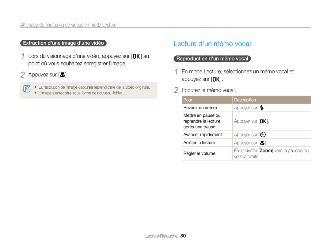 Samsung EC-WB700ZBPBE1, EC-WB700ZDPBZA manual Lecture dun mémo vocal, Appuyez sur c, Extraction dune image dune vidéo 