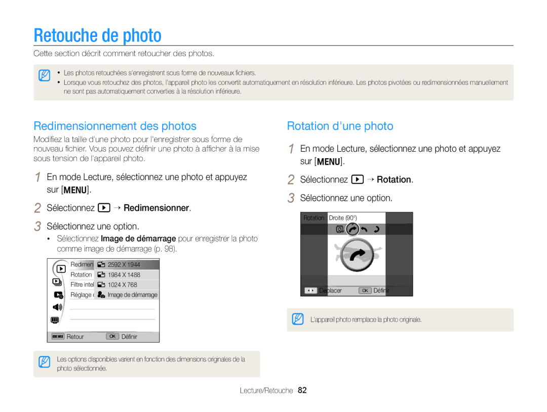Samsung EC-WB700ZBPBE1, EC-WB700ZDPBZA manual Retouche de photo, Redimensionnement des photos, Rotation dune photo 