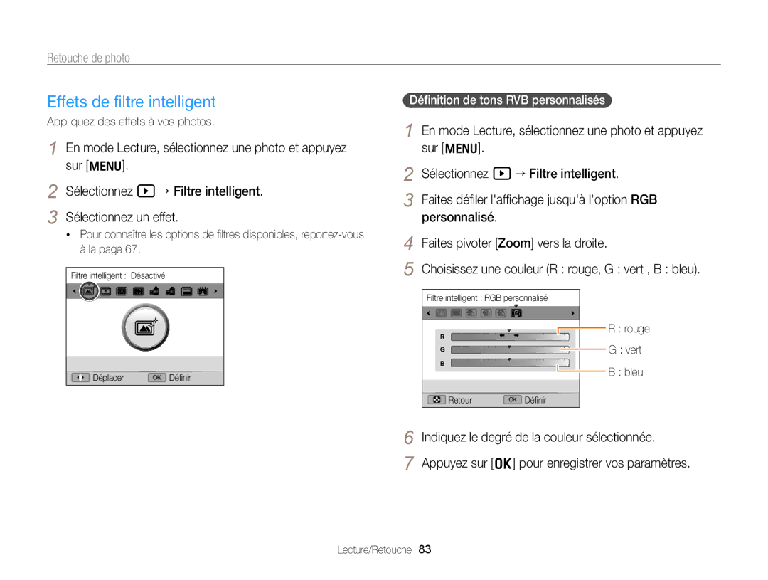 Samsung EC-WB700ZDPBZA Effets de ﬁltre intelligent, Retouche de photo, Indiquez le degré de la couleur sélectionnée, Rouge 