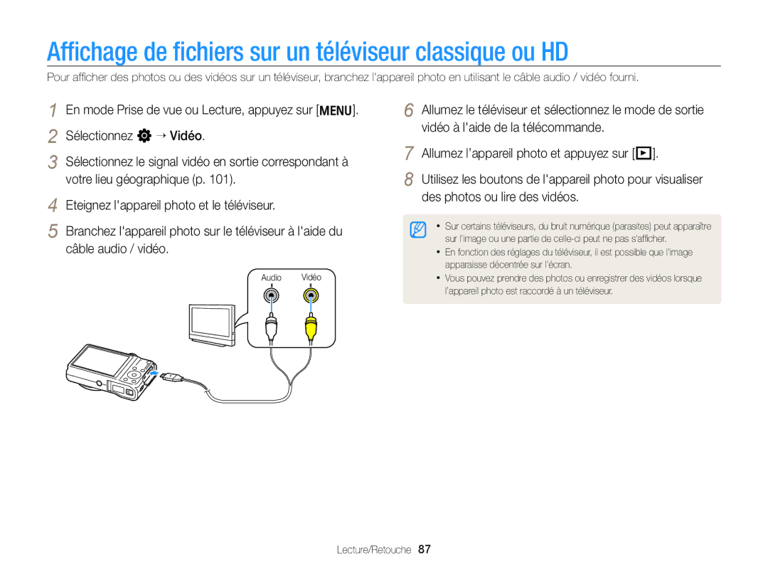 Samsung EC-WB700ZDPBZA Afﬁchage de ﬁchiers sur un téléviseur classique ou HD, Eteignez lappareil photo et le téléviseur 