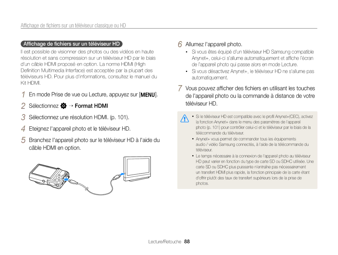 Samsung EC-WB700ZBPBE1 Afﬁchage de ﬁchiers sur un téléviseur classique ou HD, Afﬁchage de ﬁchiers sur un téléviseur HD 