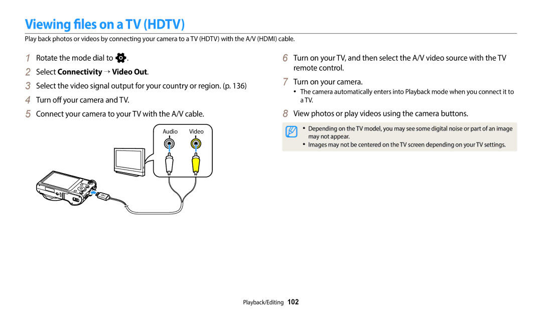 Samsung EC-WB800FBPBFR, EC-WB700ZDPBZA, EC-WB800FFPBFR manual Viewing files on a TV Hdtv, Select Connectivity “ Video Out 