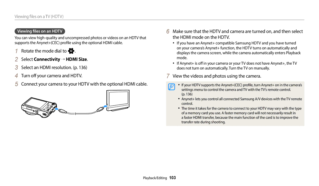 Samsung EC-WB800FFPBFR, EC-WB700ZDPBZA manual Select Connectivity “ Hdmi Size, View the videos and photos using the camera 