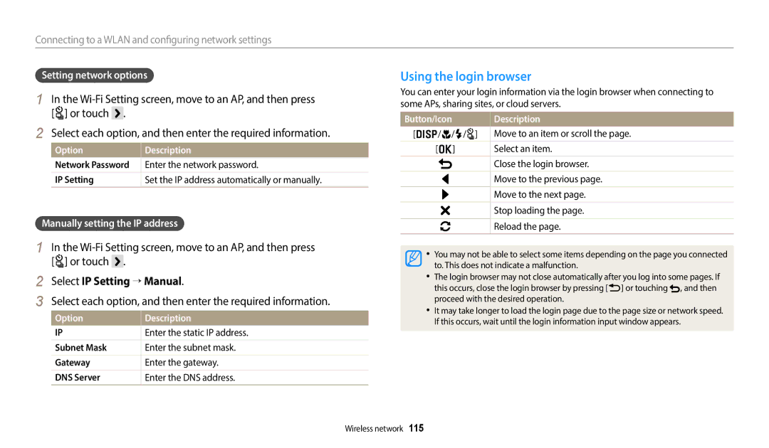 Samsung EC-WB700ZBPBIL, EC-WB700ZDPBZA, EC-WB800FBPBFR manual Using the login browser, Or touch, Select IP Setting “ Manual 