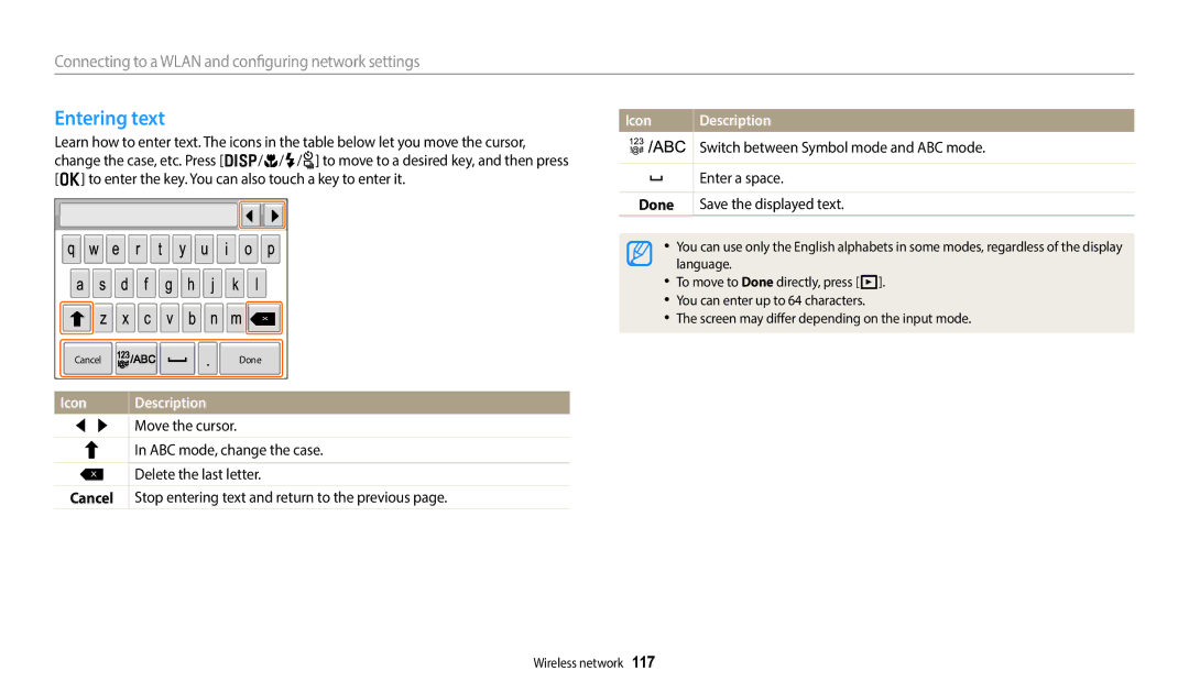 Samsung EC-WB700ZDPSIR, EC-WB700ZDPBZA, EC-WB800FBPBFR, EC-WB800FFPBFR, EC-WB800FBPWFR manual Entering text, Icon Description 