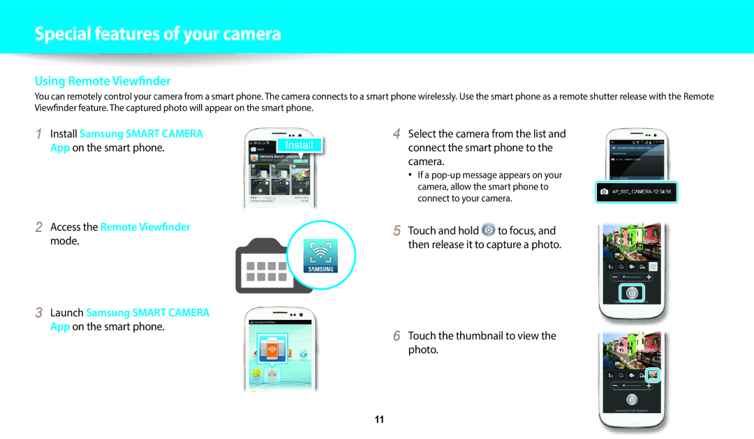 Samsung EC-WB800FBPBIL App on the smart phone Access the Remote Viewfinder mode, Touch the thumbnail to view the photo 