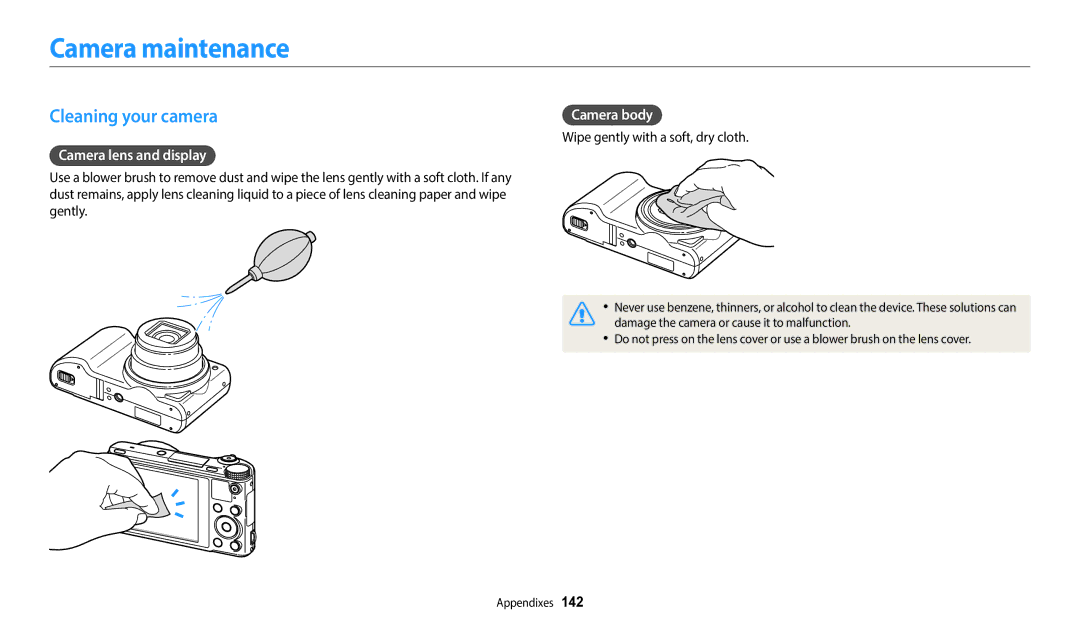 Samsung EC-WB800FFPWRU, EC-WB700ZDPBZA manual Camera maintenance, Cleaning your camera, Camera lens and display, Camera body 