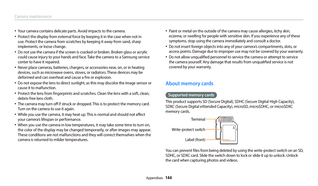 Samsung EC-WB800FBPBRU, EC-WB700ZDPBZA, EC-WB800FBPBFR, EC-WB800FFPBFR manual About memory cards, Supported memory cards 