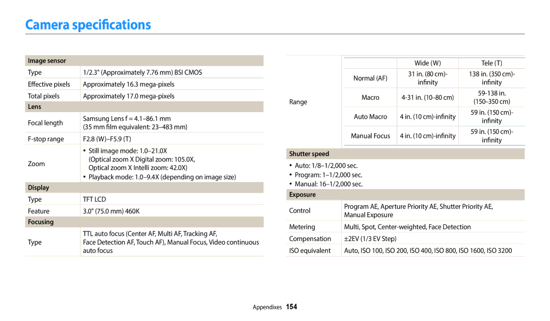 Samsung EC-WB800FFPBFR, EC-WB700ZDPBZA, EC-WB800FBPBFR manual Camera specifications, Image sensor, Lens, Focusing, Exposure 