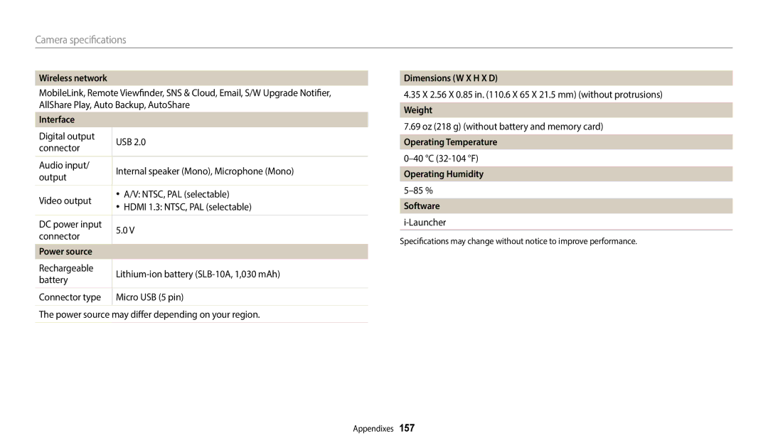 Samsung EC-WB700ZBPBE1 Wireless network, Interface, Power source, Dimensions W X H X D, Weight, Operating Temperature 