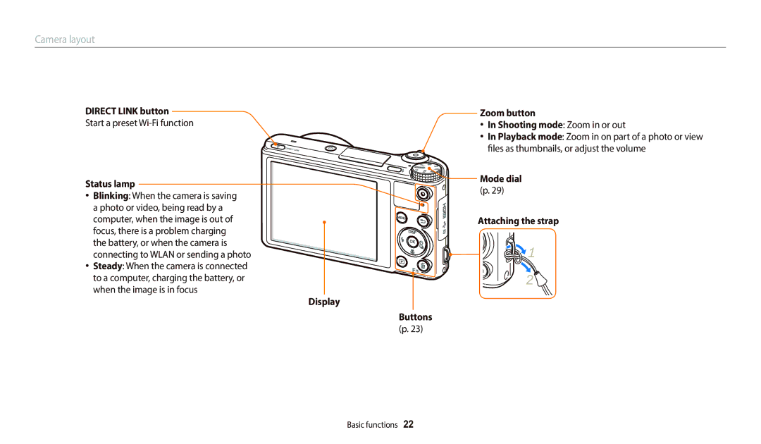 Samsung EC-WB700ZBDSVN, EC-WB700ZDPBZA, EC-WB800FBPBFR manual Direct Link button, Start a preset Wi-Fi function, Status lamp 