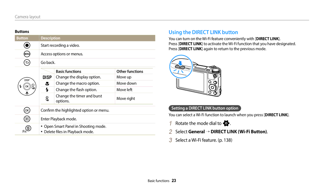 Samsung EC-WB700ZBDBVN Using the Direct Link button, Rotate the mode dial to n, Select General “ Direct Link Wi-Fi Button 