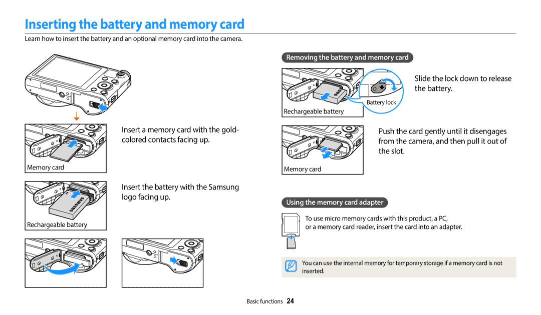 Samsung EC-WB800FBDWVN, EC-WB700ZDPBZA Inserting the battery and memory card, Slide the lock down to release the battery 