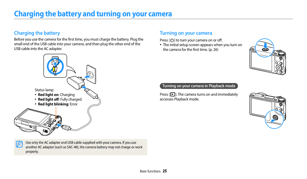 Samsung EC-WB800FBDBVN, EC-WB700ZDPBZA manual Charging the battery and turning on your camera, Turning on your camera 