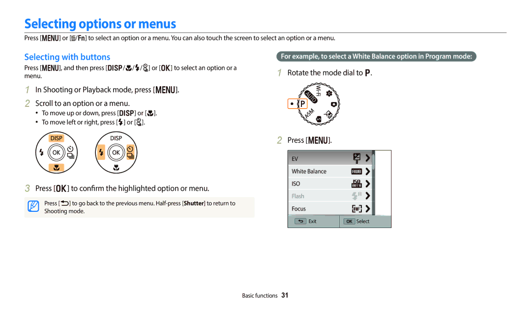 Samsung EC-WB700ZBPBE3 manual Selecting options or menus, Selecting with buttons, Rotate the mode dial to p Press m 