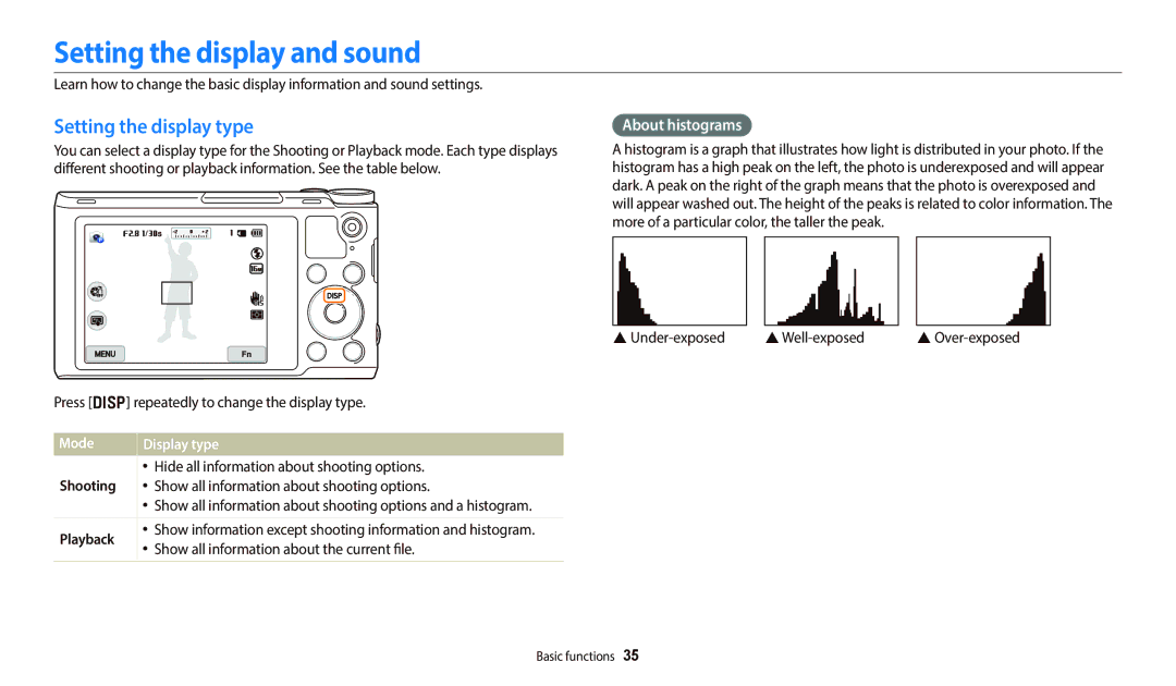 Samsung EC-WB800FBPWE2 manual Setting the display and sound, Setting the display type, About histograms, Mode, Playback 